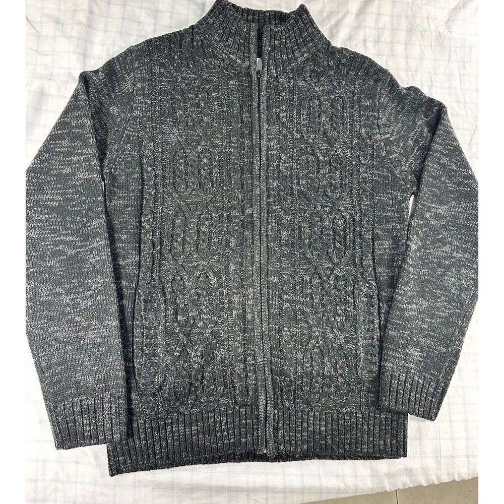 Across The Pond Men's Cable Knit Full Zip Sweater - Gray/Black - Medium - NEW